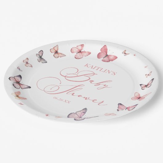 柔エレガントらかいピンクの蝶の赤ちゃんシャワー ペーパープレート (アングル)