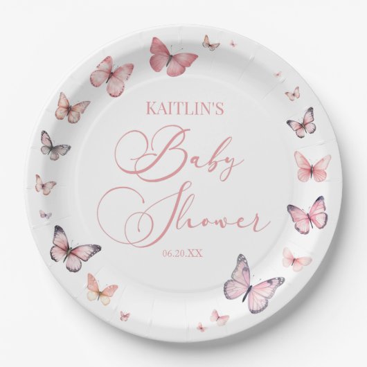 柔エレガントらかいピンクの蝶の赤ちゃんシャワー ペーパープレート (正面)