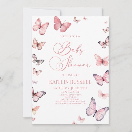 柔エレガントらかいピンクの蝶の赤ちゃんシャワー 招待状 (正面)
