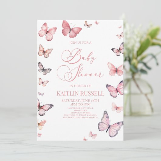 柔エレガントらかいピンクの蝶の赤ちゃんシャワー 招待状 (スタンド正面)