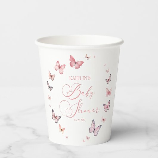 柔エレガントらかいピンクの蝶の赤ちゃんシャワー 紙コップ (裏面)