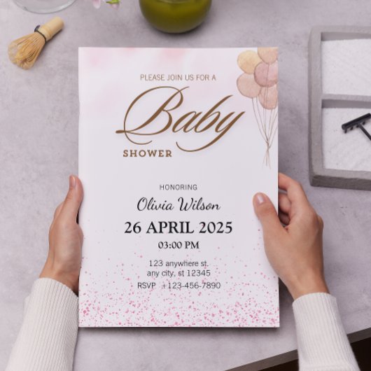 柔エレガントらかいピンク色のバルーン赤ちゃんシャワー 招待状