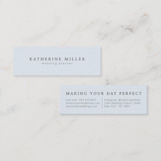 柔エレガントらかいブルーリネンミニマルウェディングプランナー スキニー名刺 (正面/裏面)