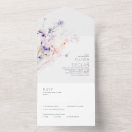 柔エレガントらかい水彩花パープル結婚ズ オールインワン招待状