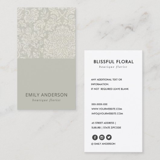 柔エレガントらかい灰色の白色ダマスク花柄 名刺 (正面/裏面)