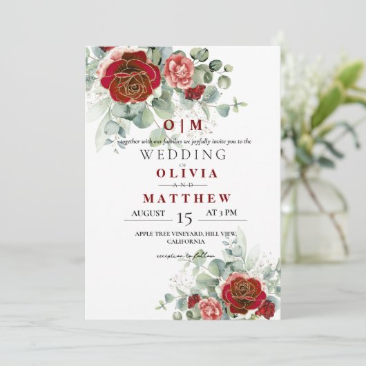 柔エレガントらかい燃えるような赤い緑結婚色 招待状 (スタンド正面)