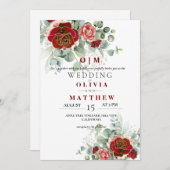 柔エレガントらかい燃えるような赤い緑結婚色 招待状 (正面/裏面)