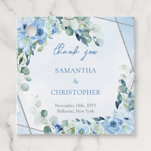 柔エレガントらかい青の水色のフローラシルバ結婚ー フェイバータグ (正面)