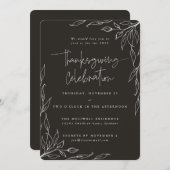 柔エレガントらかい黒モダン葉モチーフ感謝祭 招待状 (正面/裏面)