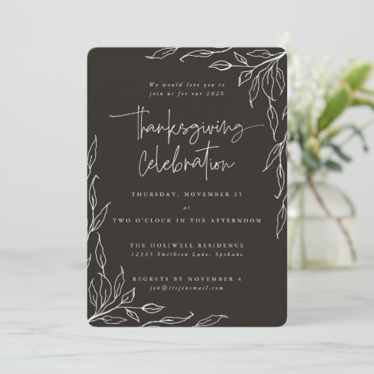 柔エレガントらかい黒モダン葉モチーフ感謝祭 招待状 (スタンド正面)