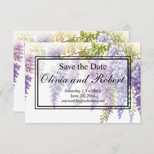 柔エレガント紫色の水色の藤フローラ セーブザデート (正面/裏面)