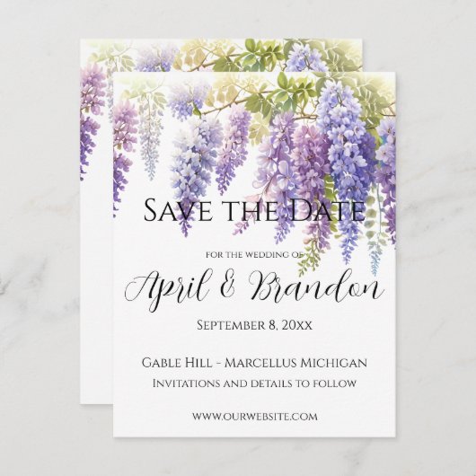 柔エレガント紫色の水色の藤フローラ セーブザデート (正面/裏面)