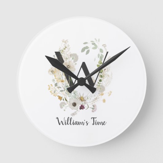 柔カスタムらかい色の野生の花を持つイニシャルW ラウンド壁時計 (正面)