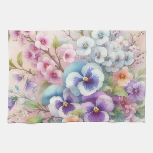 柔カラフルらかいパステル色の花 キッチンタオル (横)