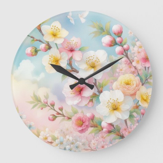 柔カラフルらかいパステル色の花 ラージ壁時計 (正面)