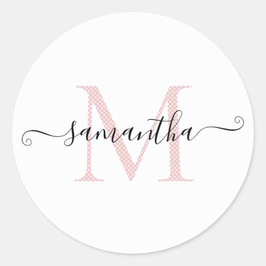 柔ガーリーらかいピンクと白の水玉模様モノグラム ラウンドシール (正面)