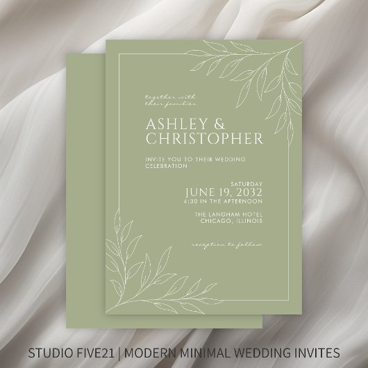 柔モダンらかいセージ緑の葉の結婚輪郭 招待状