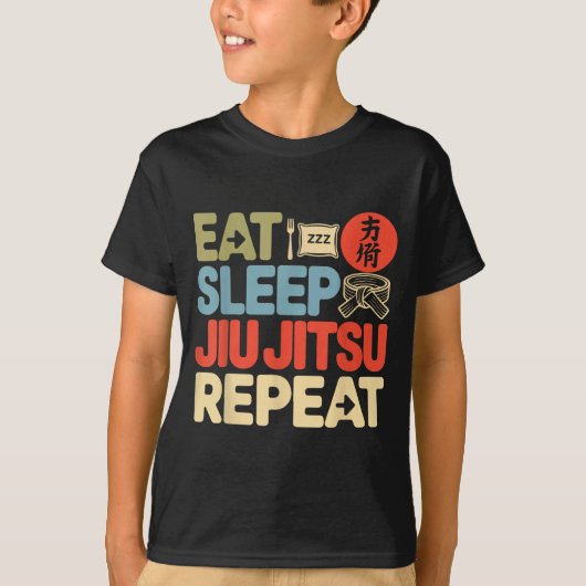 柔術 レトロ ビンテージ 食事 睡眠 柔術 繰り返し Tシャツ (正面)