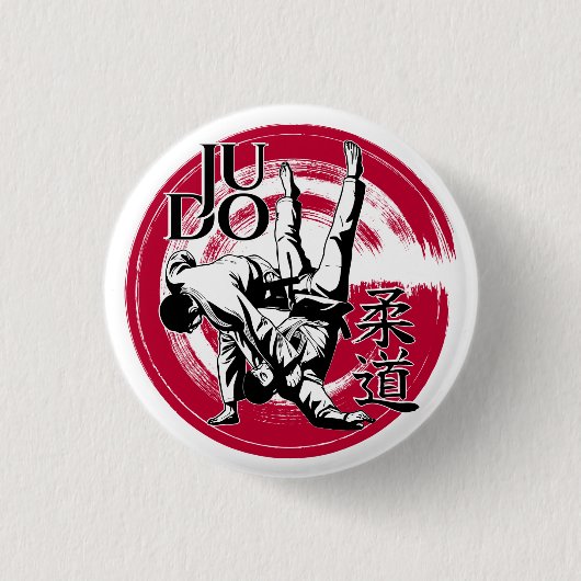 柔道の漢字と昇る太陽の投げ 缶バッジ (正面)