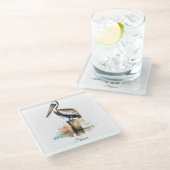 柱に立つペリカン ガラスコースター (アングル)