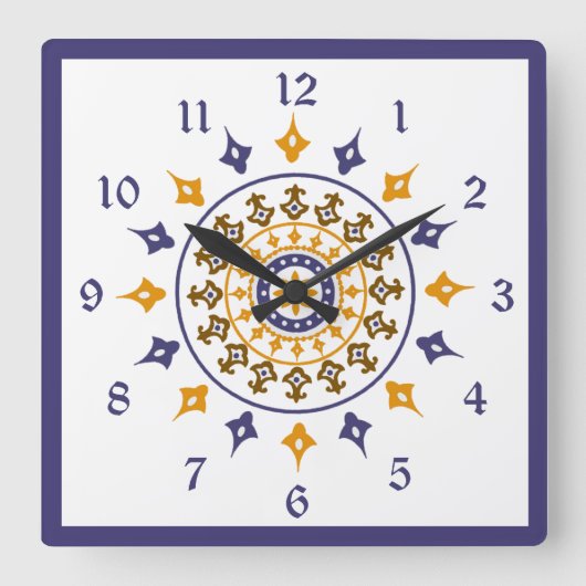 柱時計と番号が付いているヴィンテージの華美で青いオレンジ スクエア壁時計 (正面)