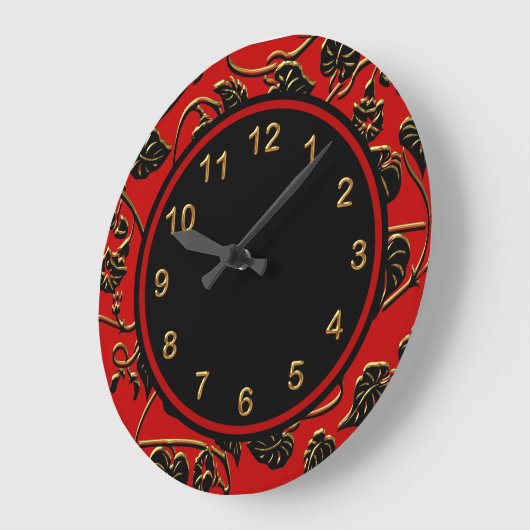 柱時計の黒の赤い金ゴールドのトリムのダマスク織の花柄 ラージ壁時計 (傾斜)