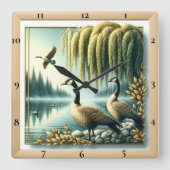 柳の下の優雅なガチョウ スクエア壁時計 (正面)