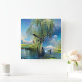 柳の木から空へ抽象芸術 スクエア壁時計 (ホーム)