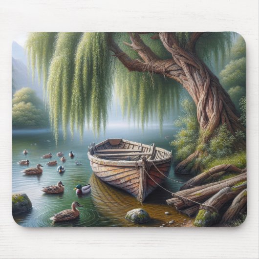 柳の木の下に結ばれた古い舟 マウスパッド (正面)