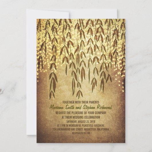 柳の木の枝ストリングライト結婚式の招待 招待状 (正面)