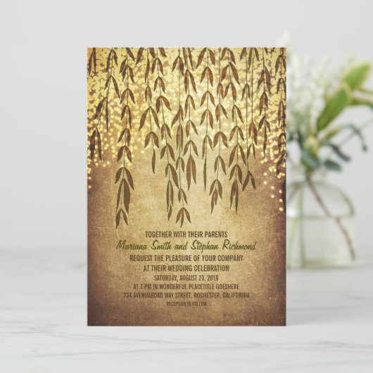 柳の木の枝ストリングライト結婚式の招待 招待状 (スタンド正面)