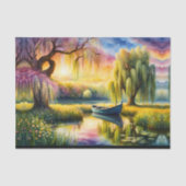 柳の木の近くの池の上の日の出 薄葉紙 (正面)