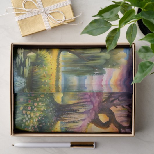 柳の木の近くの池の上の日の出 薄葉紙 (ギフト)