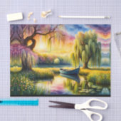 柳の木の近くの池の上の日の出 薄葉紙 (クラフト)