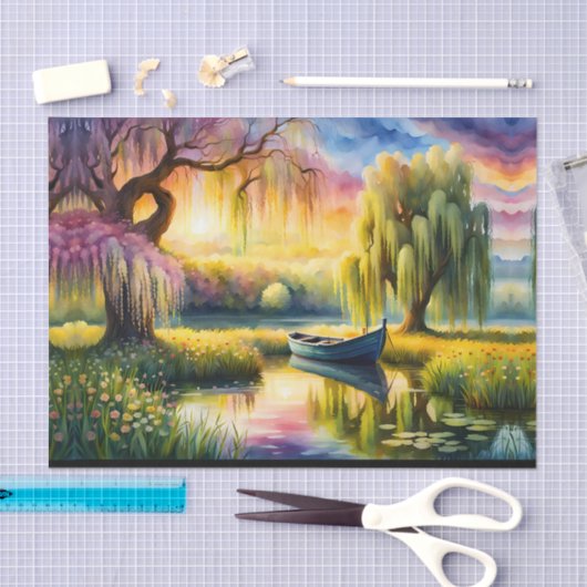 柳の木の近くの池の上の日の出 薄葉紙 (クラフト)