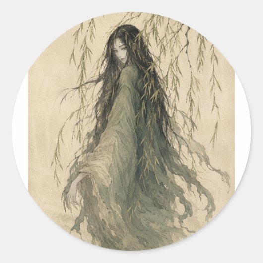 柳の精霊の女の幻影ステッカー ラウンドシール (正面)