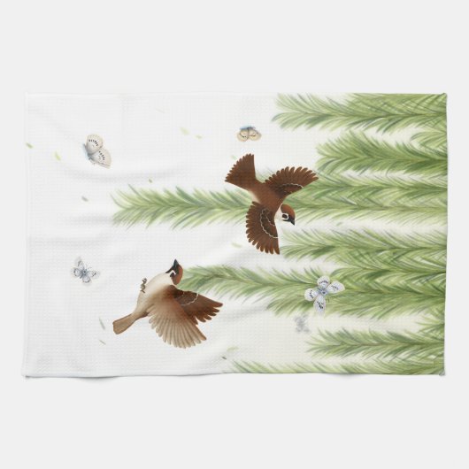 柳日本のの下の雀 キッチンタオル (横)