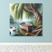 柳素朴の木の下のボート キャンバスプリント (インサイチュ (ウッドフロア))