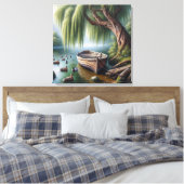 柳素朴の木の下のボート キャンバスプリント (インサイチュ (寝室))