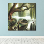 柳素朴の木の下のボート キャンバスプリント (インサイチュ (ウッドフロア))