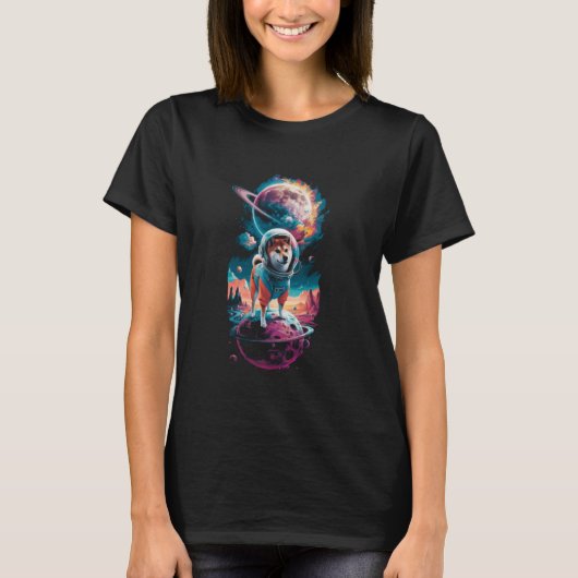 柴犬が月に向かうドージコイン・ミーム暗号通貨 Tシャツ (正面)