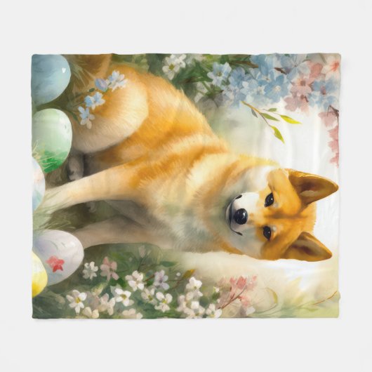 柴犬とイースターエッグホリデイ フリースブランケット (正面(横))