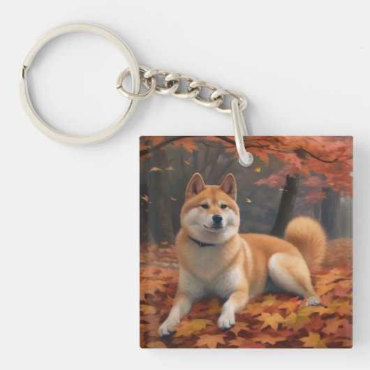 柴犬と落ち葉の秋のインスピレーション キーホルダー (正面)