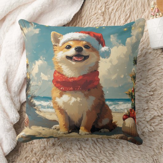 柴犬のクリスマス ビンテージ ビーチ クッション (ブランケット)