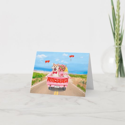 柴犬のバレンタインデーのトラックハート カード (正面)