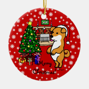 柴犬の子犬のクリスマス セラミックオーナメント