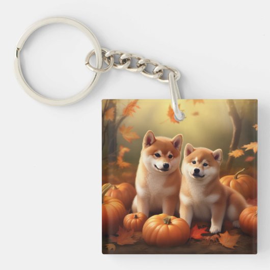 柴犬の子犬の秋の喜びのパンプキン キーホルダー (正面)