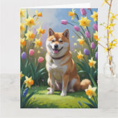 柴犬の春の花の絵 カード (黄色い花)