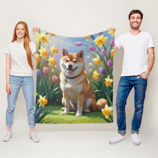 柴犬の春の花の絵 フリースブランケット (インサイチュ)