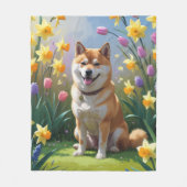 柴犬の春の花の絵 フリースブランケット (正面)